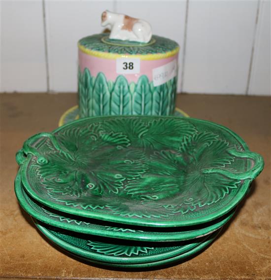 Majolica cheese plated cover & greenleaf plates
